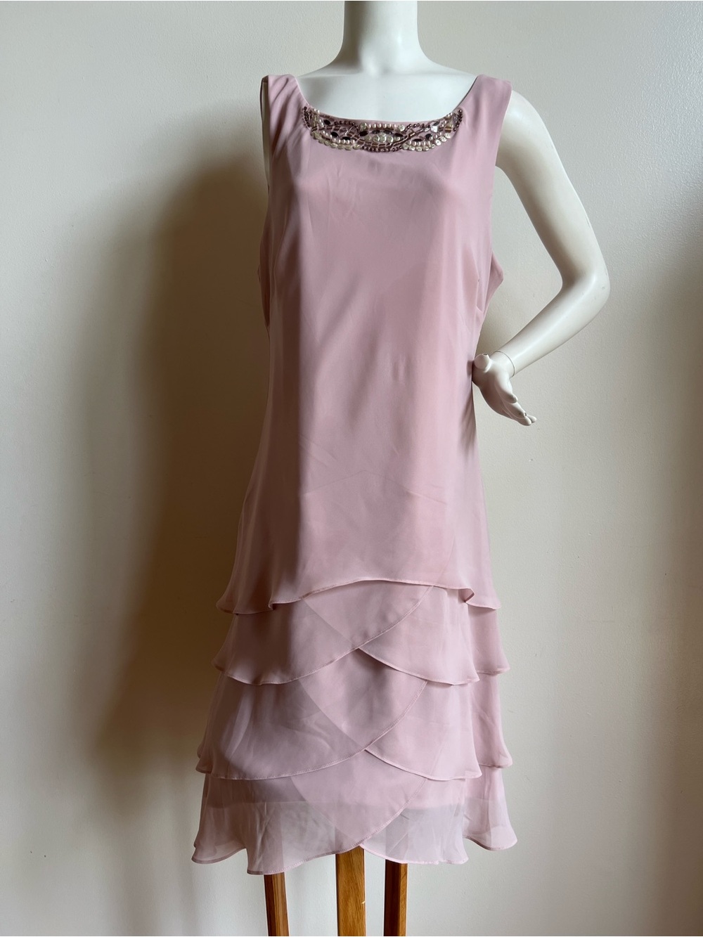 S.L. Fashions ruffled Mother of the bride dress pearl and beaded neck accents